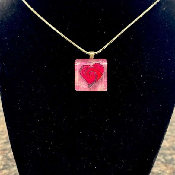 Hand Crafted Pink Heart Glass Tile Pendant - Picture 1 of 2